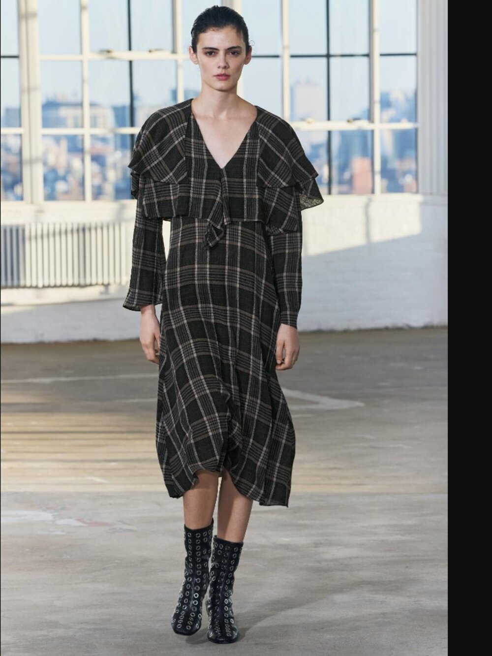 ZARA ZW COLLECTION WOMEN BROWN MULTI PLAID MIDI DRESS WITH RUFFLES SIZE S NWOT